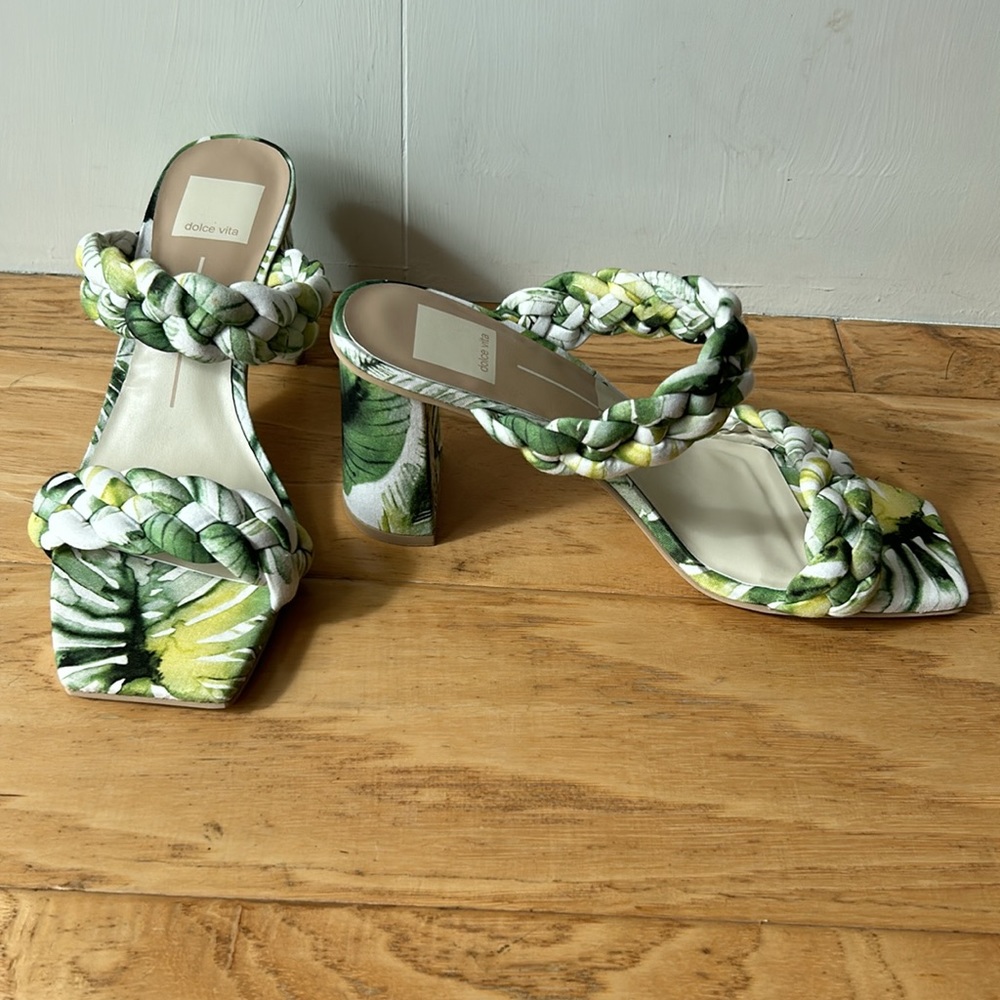 Dolce Vita 7.5 Pailey Slide Heeled Sandal Khaki Green New w/o Box Tropical Print